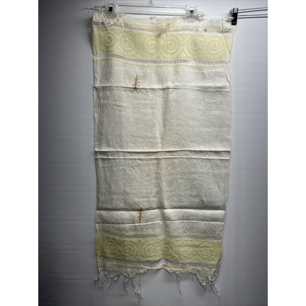 VTG Linen Textile Dresser Scarf Damask Embroidery Fringe Creme Yellow